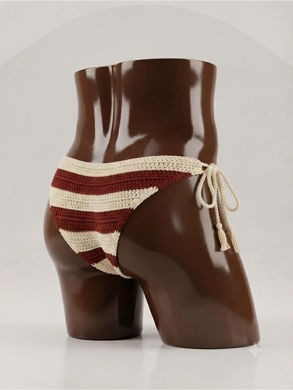 Sexy men’s Crochet Tie-Side Bikini Bottoms in Brick Red and Cream | XL